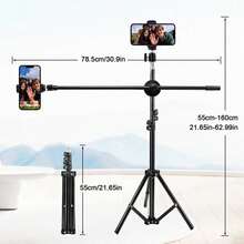 多功能双支架三脚架，160cm 延长，360° 旋转 | 配备双手机支架和平移云台 | 适用于直播 / 摄影 / 美食拍摄 / 照片自拍录制 变焦会议 / 手持自拍 / 户外活动 | 多场景便携式三脚架（含补光灯 DIY 功能）兼容 Android 手机 - 黑色 - 查看 3