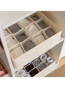 1 pieza/3 unidades Caja de almacenamiento de malla de alta elasticidad multicompartimental de gran capacidad en beige, organizador lavable para ropa, ropa interior y calcetines, plegable