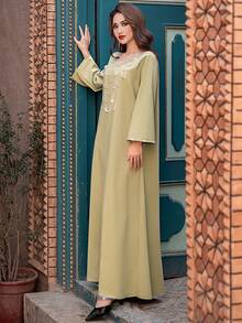 فستان طويل فضفاض بياقة على شكل حرف V مزين بالراين جديد 5214، متوافق مع المتطلبات الشرقية المحتشمة