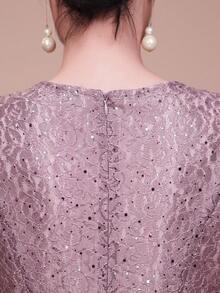 Summer Women's Elegant Casual Short Sleeve Dress, New Luxury Lace Mermaid Evening Gown With 3D Floral Details, Embellished With Beads And Rhinestones, Zipper Back Closure, Perfect For Wedding/Guest/Event/Engagement/Ceremony/Birthday/Social/Formal/Prom/Everyday/Vacation/Graduation Occasion - Purple - View 10