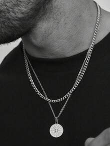 2 Pieces Fashion Stainless Steel Necklace Compass Pendant Double Chain Suitable For Valentine's Day Party Daily Matching Gift