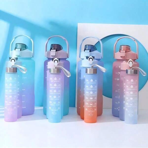 Gradient Sports Water Bottle Set With Straw & Time Marker - 3PCs Reusable Plastic Bottles (2L+750ml+300ml) For Gym/Outdoor - S/M/L Triple Capacity