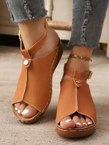 Women's Buckle Decor Platform Wedge Sandals, Fashion & Comfortable, Suitable For Beach, Outdoor Anti-Slip Classic Wedge Sandals,Spring Summer Outfits - Brown - View 3