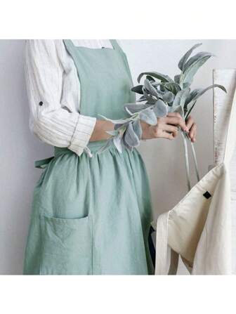 Japanese Vintage Cute Linen Apron Dress With Cross Back Straps And Dual Pockets – Women's Cotton Woven Artisan Apron For Cooking, Painting, Gardening