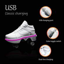 Transformable Flashing Roller Skates For Woman Retractable Wheels Y2K Outdoor Party All Seasons Double-Row Deform Wheel Automatic Walking Shoes, White - 白色 - 查看 2
