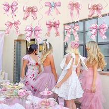 10pcs/Set Bow Theme Decoration Set - Pink Birthday Pull Flag Banner + Bow Spiral Hanging Decor, Suitable For Birthday Party, Theme Party, Anniversary, Engagement, Home Bedroom Decoration