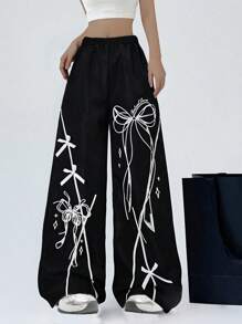 Fashionable Casual Punk Girls' Casual Pants With Bow Print Pattern Paired With Black Pants, Perfect For Outdoor Wear In Spring And Summer, Gatherings, And Schools ﻿