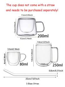 1 pieza Taza de café de vidrio de doble capa de 250ml, resistente a altas temperaturas, gruesa y antique-escaldado con asa recta, taza para latte, taza de leche aislada, taza de té/bebida transparente de alta calidad para el hogar, regalo ideal para fiestas