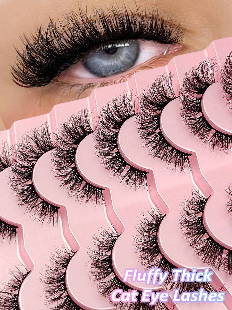 Asiteo 7 Pairs 3D Fluffy Cat Eye False Eyelashes, Natural Thin Faux Mink Lashes, Curled And Voluminous, Suitable For Daily, Wedding, Date, Party, Music Festival, Spring Travel And Other Occasions - 黑色 - 查看 1