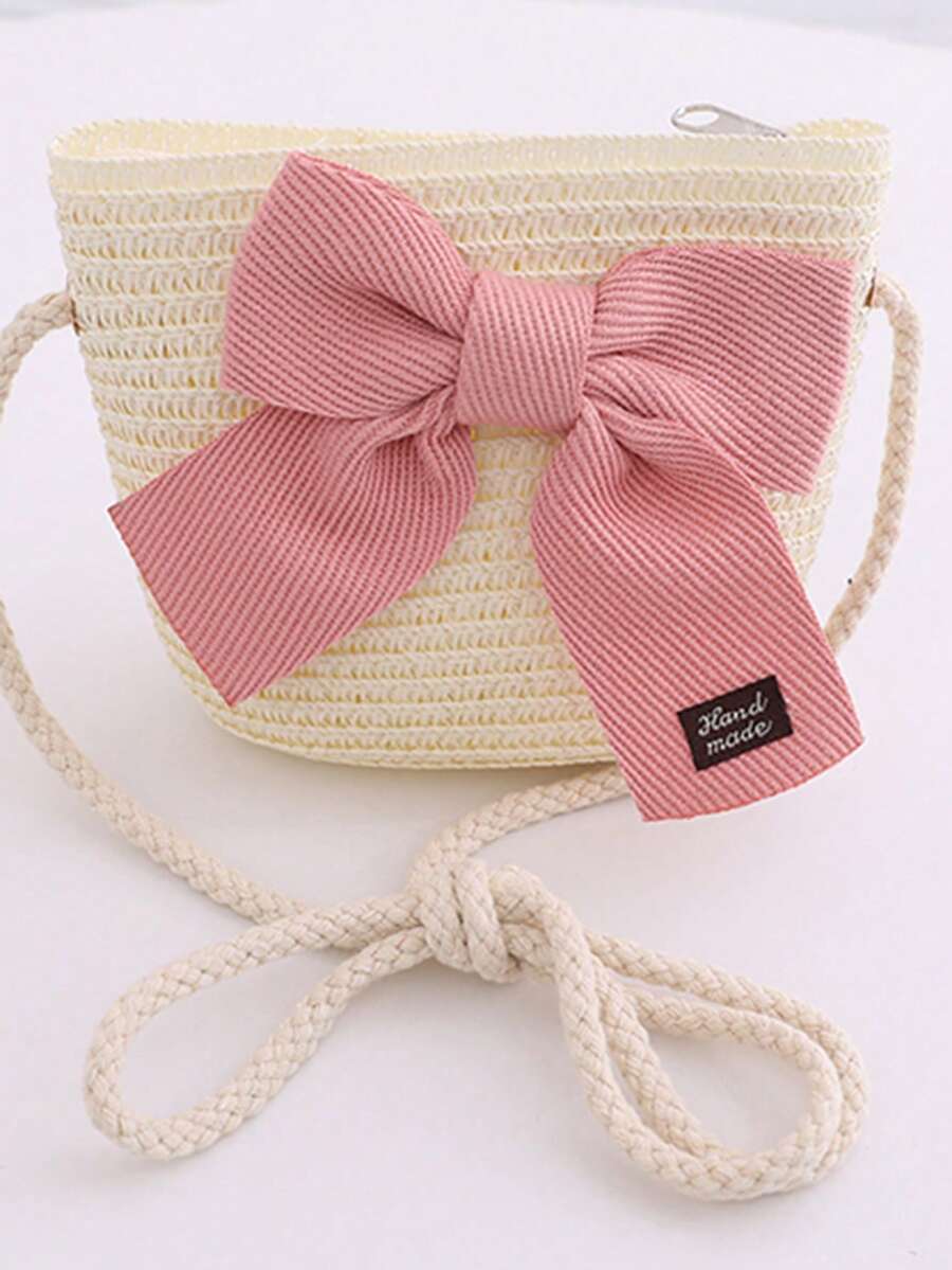 1 Pc Girls Cute Pink Bow Straw Princess Handbag, Suitable For Daily Outing - White - View 1