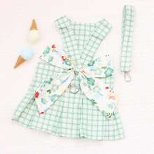 1pc Pet Dress, Checked And Floral Skirt Style, Spring Summer - Green - View 6