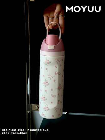1pc Pink Ditsy Floral Bow Design Insulated Stainless Steel Water Bottle, 24oz/32oz/40oz, Dual Wall With Straw, Suitable For Sports, School, Travel, Gym, Holiday & Birthday Gift