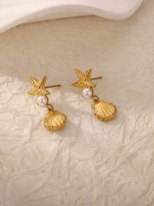 1 par de brincos com pingente de concha de estrela-do-mar, pérola falsa, para mulheres, cor dourada, aço inoxidável, joias para festa de verão na praia, presente