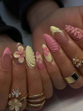 24 件/套法式甜美粉黄 3D 花卉金色珠子 Y2K 优雅别致全覆盖按压假指甲，配有 1 件果冻凝胶和 1 个指甲锉，适合女士和女孩派对、约会、日常佩戴美甲用品指甲