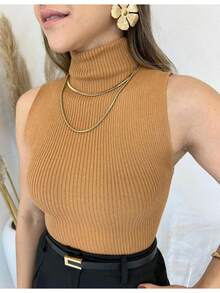 Blusa Feminina Trico Garrafinha Gola Alta - Damasco - Visão 2