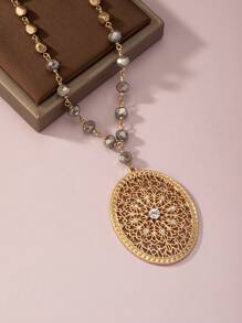 1pc Boho Zinc Alloy Rhinestone & Bead Decor Hollow Out Oval Charm Necklace For Women For Daily Decoration