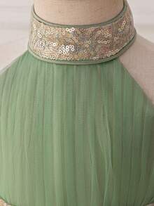 女婴亮片网纱露背蝴蝶结可爱一周岁生日拖尾礼服，适合派对、花童、婚礼等场合，不含头饰 - 綠色 - 查看 5