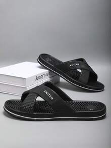 Men's Massage Slippers, Minimalist Solid Color Slip-On Sandals, Comfortable House Slippers, Bathroom Slides, Outdoor Beach Shoes, Plus Size - Black - View 5