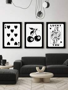 三幅一套的游戏主题墙画，黑桃8墙饰，扑克帆布画，现代家居装饰，娱乐艺术墙贴，樱桃木色房间装饰挂画，适用于客厅、卧室、浴室 - 3件/套 - 查看 8