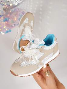 Velvet Patchwork Lace-Up Front Thick Soled Athletic Shoes For Women, Lightweight Platform Sneakers, Outdoor Sports Style Student Shoes, Autumn/Spring