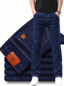 Jeans in denim dritti e stretch da uomo, pantaloni casual sportivi versatili di colore unito, adatti per il lavoro e l'uso quotidiano
