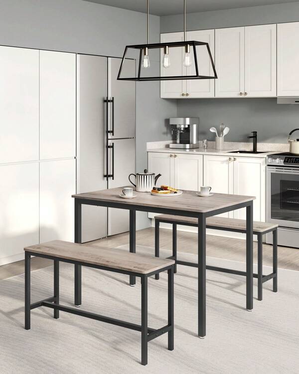VASAGLE Table With 2 Benches, 3 Piece Set, Kitchen Table Of 70 X 110 X 75 Cm, 2 Benches Of 30 X 97 X 50 Cm Each, Steel Frame, Heather Greige And Ink Black