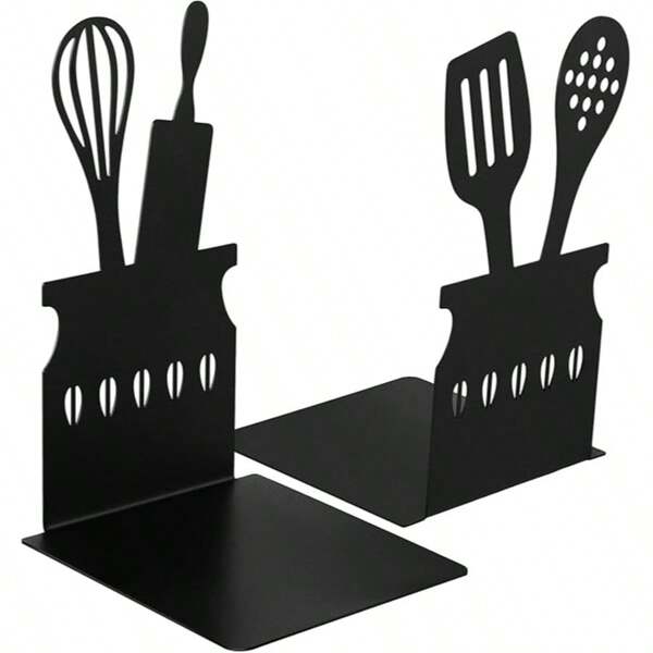 Black Kitchen Book Stand 5.9 X 3.9 X 3.9 Inch, Spoon Decor Recipe Metal Book End With Non-Slip Pad, Metal Recipe Storage Book Stops For Shelf