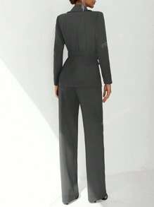 Women's 2pcs Elegant Belted Double-Breasted Blazer Jacket & Elastic Waist Straight Leg Pants Suit Set, Office Work Wear, Fall/Winter, Suitasble For Spring Business Casual