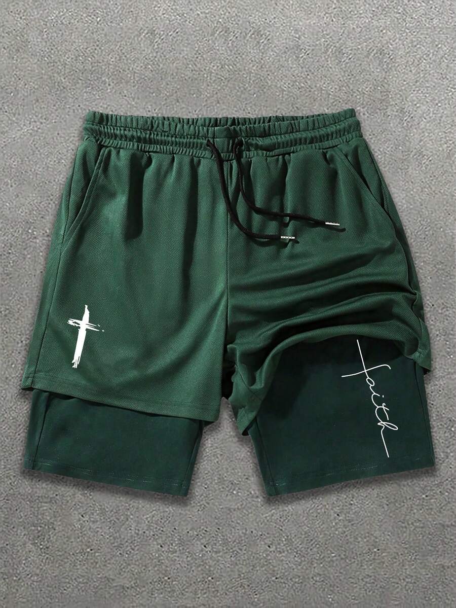 Men's Sports Casual Street Style Cross Graphic Print Knit Drawstring Shorts,Beach Shorts - Dark Green - View 1