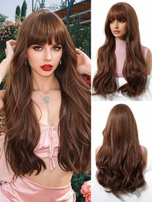 Long Brown Wig With Bangs Wave Curly Wigs For Women 22 Inch Heat Resistant Natural Synthetic Wig For Daily Party Use,Mother's Day Gifts Or Holiday Party Everyday Wear,Gifts For Women,Accessories Women - 棕色 - 查看 2