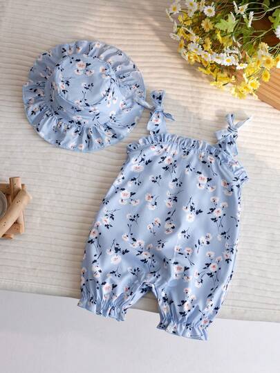 2 st/set Nyfödda Babyflickor Snygg Söt Blommig Jumpsuit + Mössa, Sommar