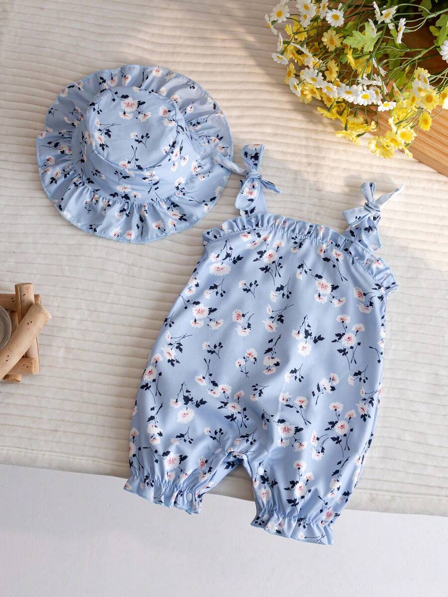 Conjunto de 2 peças para recém-nascidas: macacão estiloso e fofo com estampa floral + chapéu, ideal para o verão. - Baby Azul - Ver 1