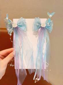 2 Piezas Accesorios para el cabello de niñas con diseño de cola de pez con destellos y perlas en tono azul océano, estilo vacacional