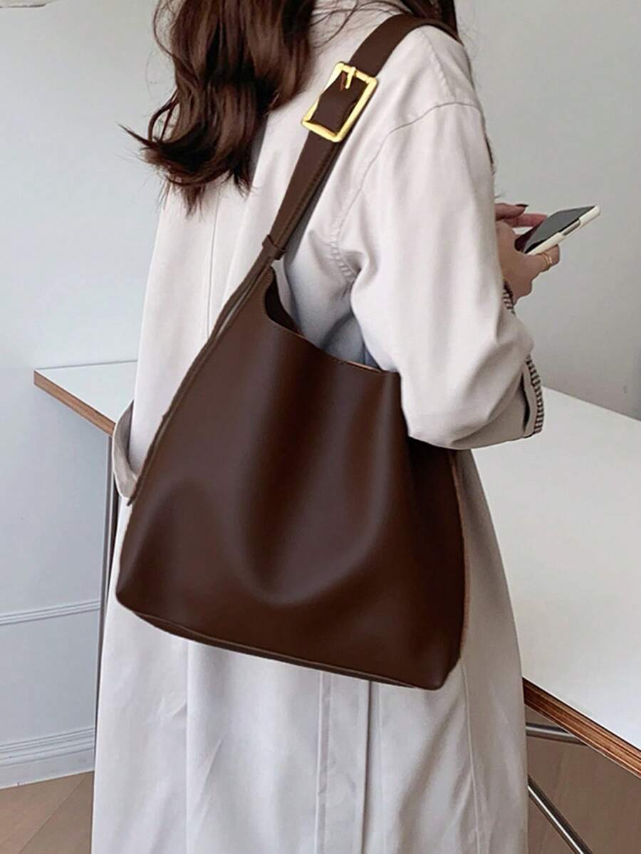 Fashionable Minimalist One Shoulder Tote Bag, Large Capacity Versatile Daily Commuter Bag For Women - Coffee - View 1