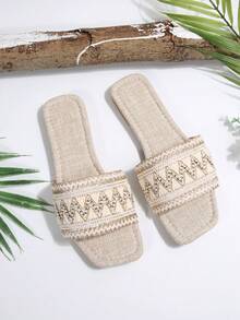 نعال نسائية واسعة من القماش البيج، صنادل بوهيمية صيفية، أحذية شاطئ مسطحة، نعال نسائية واسعة مناسبة للاستخدام المنزلي أو العطلات أو الرحلات اليومية المريحة لإضافة طابع طبيعي عفوي