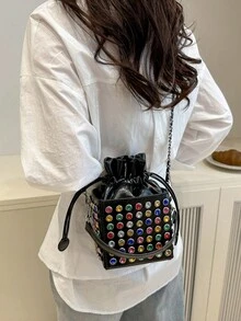 1pc New Crossbady Bags For Girl Women's Pu Leather Handbags Female Lady Bucket Shoulder Messenger Bags Classic Fashion Square High Quality Brand Designer Rhinestone Studded Camera Makeup Bag Drawstring Bag Chain Shoulder Strap With Drawstring Suitable For Dating, Shopping, Commuting, And Working Black Silver White - Multicolor - View 11