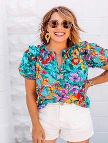 Women's Floral Print V-Neck Ruffle Short Sleeve T-Shirt, Lightweight & Fashionable - Multicolor - View 2