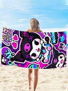 Sanrio 250gsm Super Soft & Quick Dry Microfiber Sanrio Kuromi Cartoon Character Printed Beach/Yoga Mat, Sunscreen Shawl, Suitable For Travel, Camping, Swimming, Outings. 1pc 70*140cm Bath/Beach Towel Or Larger 90*180cm Bath/Beach Towel Bathroom Decor Summer Beach Essentials