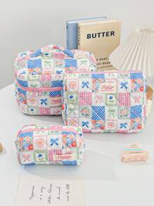 1 Piece Multi-Style Spliced Color Matching Cosmetic Bag With Bow Pattern, Girly Heart Design, Multifunctional Cosmetic Storage Bag,For Holiday Beach, Bathroom Collection, Bedroom Collection, Large Capacity