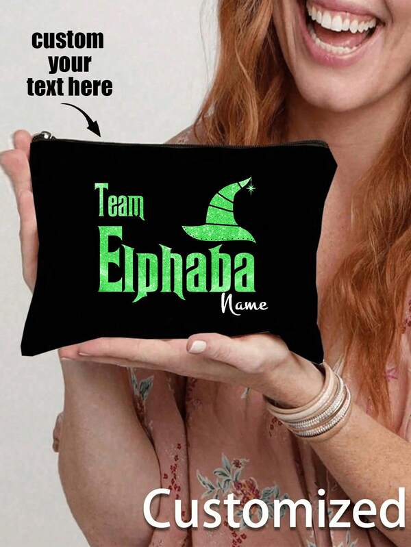 [Customized Name] Black Travel Pouch With Pink Glitter Accents - Lightweight Makeup Bag For Women, Wicked Witch & Wizard Of Oz Inspired, Zippered Toiletry Organizer, Ideal Gift For Daughter, Makeup Travel Bag