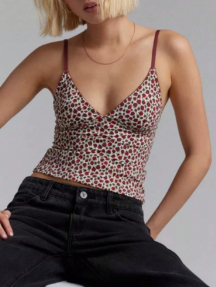 Women Y2k Crop Cami Top Vintage V Neck Cami Top Sexy Sleeveless Babydoll Top Summer Going Out Camisole 00s Streetwear - 紅色 - 查看 1