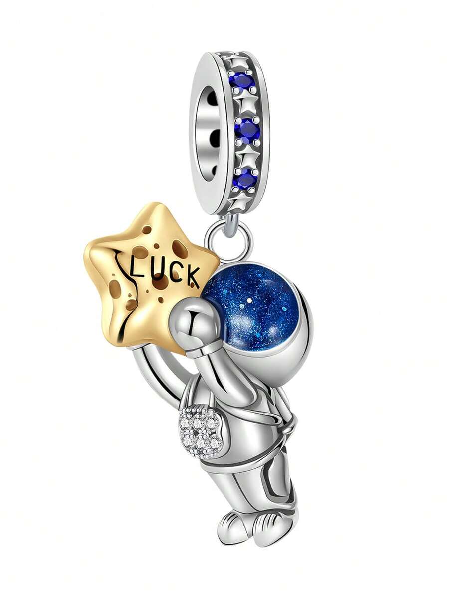 1pc Silver-Plated Astronaut Diamond Star Lucky Blue Pendant Charm, Suitable For Bracelet DIY, Women's Jewelry, Halloween & Christmas Gift - Silver - View 1