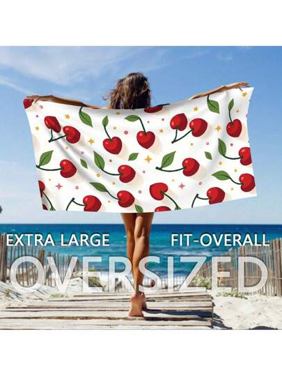 1pc Cherry Print Super Soft Microfiber Beach Towel - Quick Dry, Sand-Free, Lightweight & Highly Absorbent - Ideal For Swimming, Camping, Travel - Great Valentine's Day Gift, Travel Towel | Cherry Pattern Towel | Microfiber Material Summer Holiday Bathroom Decor Beach Essentials