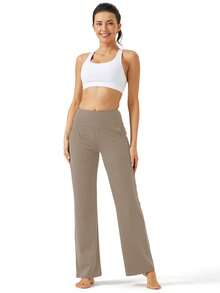 Yoga Pants Women Wide Leg Pants With Pockets High Waist Stretch Dress Casual Sweatpants - 卡其棕 - 查看 4