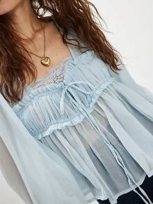 Womens Flowy Bow Front Tie Top Long Sleeve Peplum Lace Trim Chiffon Shirt Sheer V Neck Boho Ruffle Beach Blouse A-White - Màu xanh lam - Xem 4
