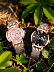 BIDEN BIDEN Fashionable Women's Quartz Watch, Waterproof Calendar Stainless Steel Mesh Strap, Elegant Women's Watch, Rose Gold Women's Clock