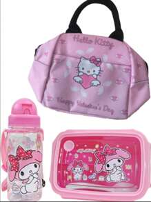 Sanrio Hello Kitty & Freunde 3-Fach Bento Box Set mit Trinkbecher - Süß Cartoon Kunststoff Kinder Lunchbox, perfekte Geschenkwahl für die