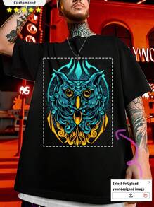 Customized Plus Size Black Crewneck T-Shirt - Summer Vacation Tattoo-Inspired Graphic Tee, Beachy Illustration Print, Holiday Streetwear