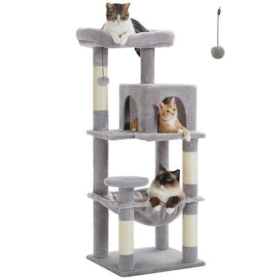 PETEPELA 高さ116cm キャットタワー スリム コンパクト 猫タワー 据え置き 置き型 省スペース ハンモック 爪研ぎ 見晴台 人気 ボンボン 天然麻紐 シンプル 運動不足解消 多頭飼 M