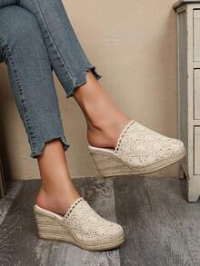 Breathable, Lightweight And Fashionable Hemp Rope Wedge Slide Sandals - Beige - View 5